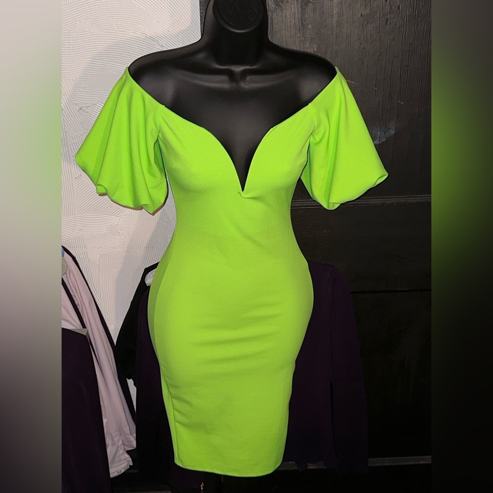 Off the shoulder low plunge midi neon dress